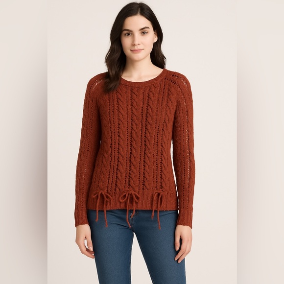 Rust Cable Knit Sweater Women’s Medium | Textured Knit Pullover with Ties - Picture 1 of 3